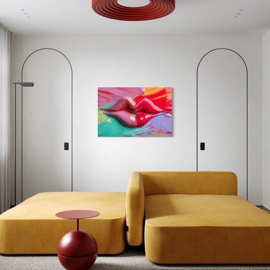 Painted Lips acrylic art shown on a wall above a mustard yellow sofa in a bold modern living room