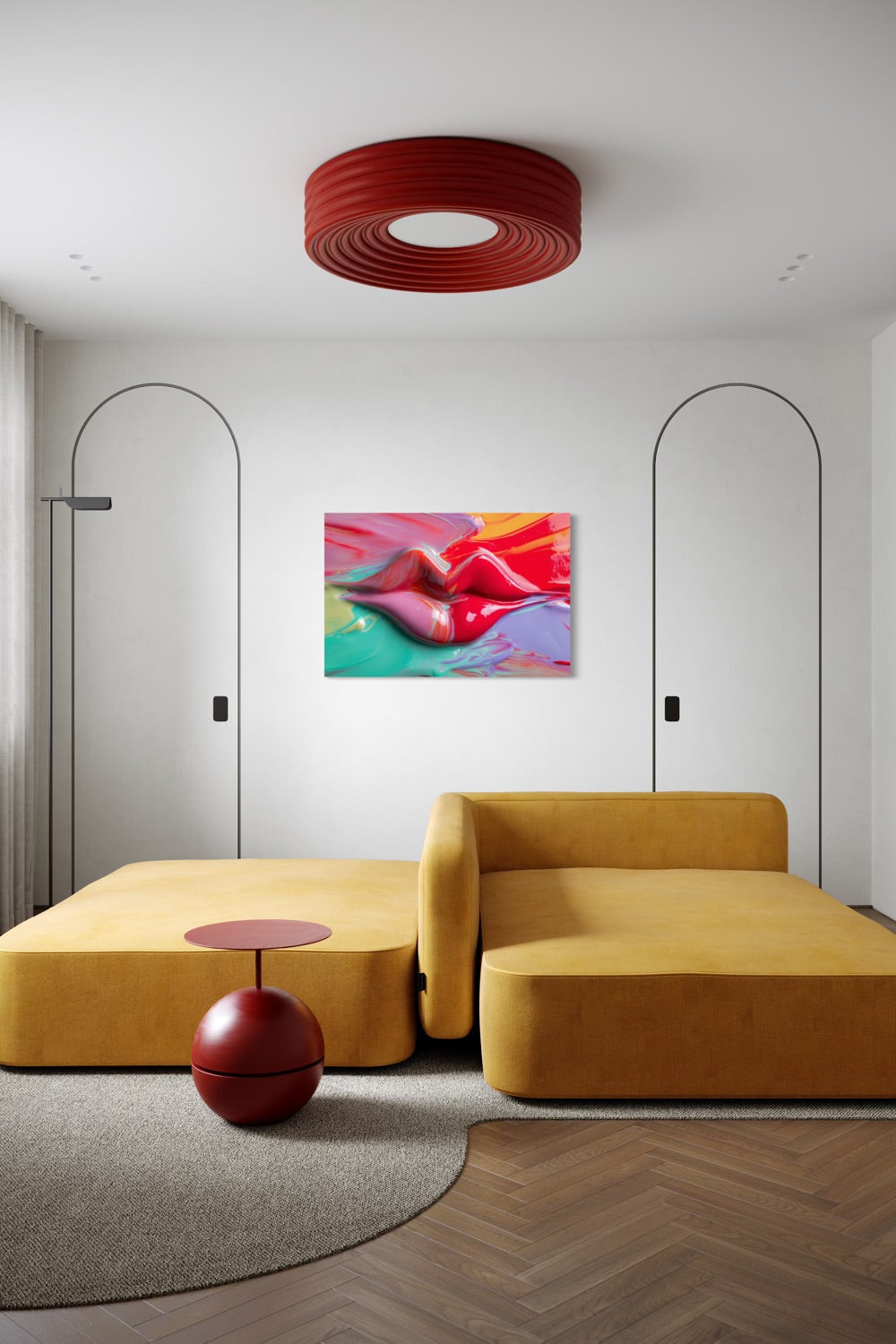 Painted Lips acrylic art shown on a wall above a mustard yellow sofa in a bold modern living room