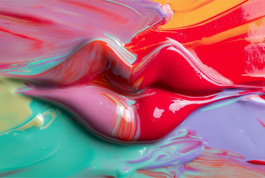 Painted Lips: glossy red lips sculpted in flowing paint with teal and lavender swirls