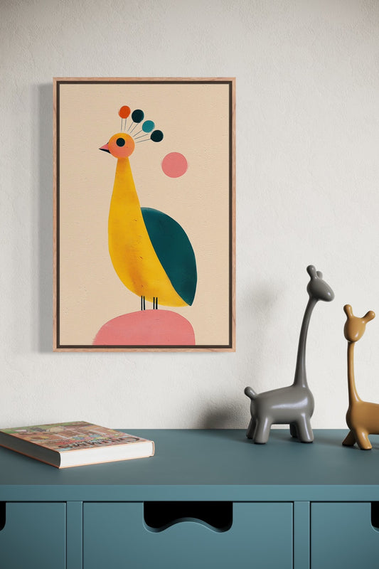Peacock illustration in an oak frame shown on a wall above a teal sideboard with giraffe figurines