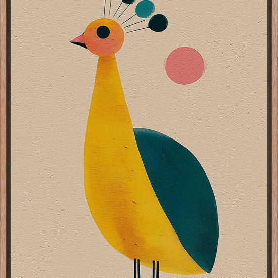 Peacock: modern illustration of a yellow and teal peacock with playful dots, framed canvas