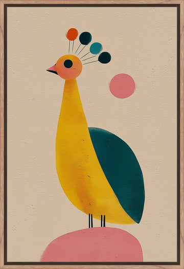 Peacock: modern illustration of a yellow and teal peacock with playful dots, framed canvas