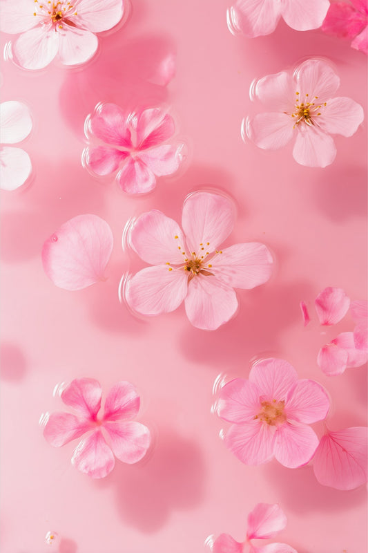 Petal Gelée I: soft pink blossoms drifting on creamy pink water, unframed art print