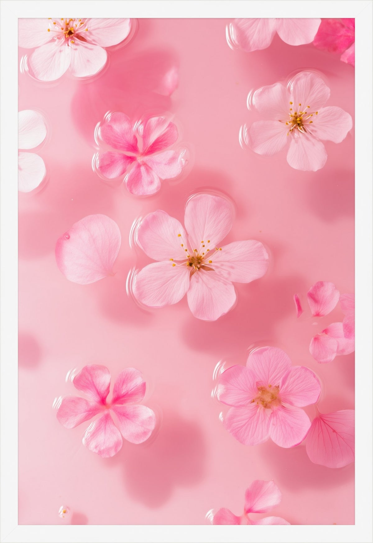 Petal Gelée I framed print: cherry blossoms floating on blush pink water