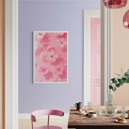 Petal Gelée I pink cherry blossom art framed on a lavender wall in a pastel dining room