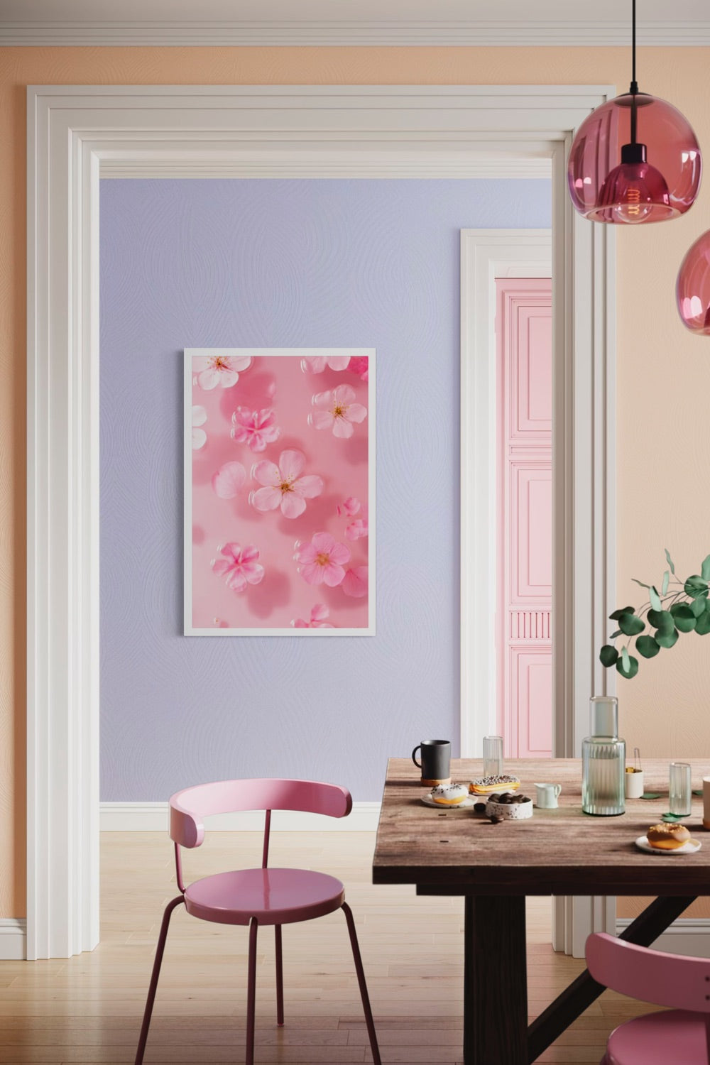 Petal Gelée I pink cherry blossom art framed on a lavender wall in a pastel dining room