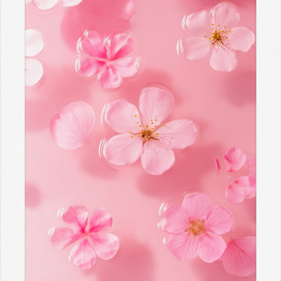 Petal Gelée I: pink cherry blossoms floating on milky rose water, white framed print