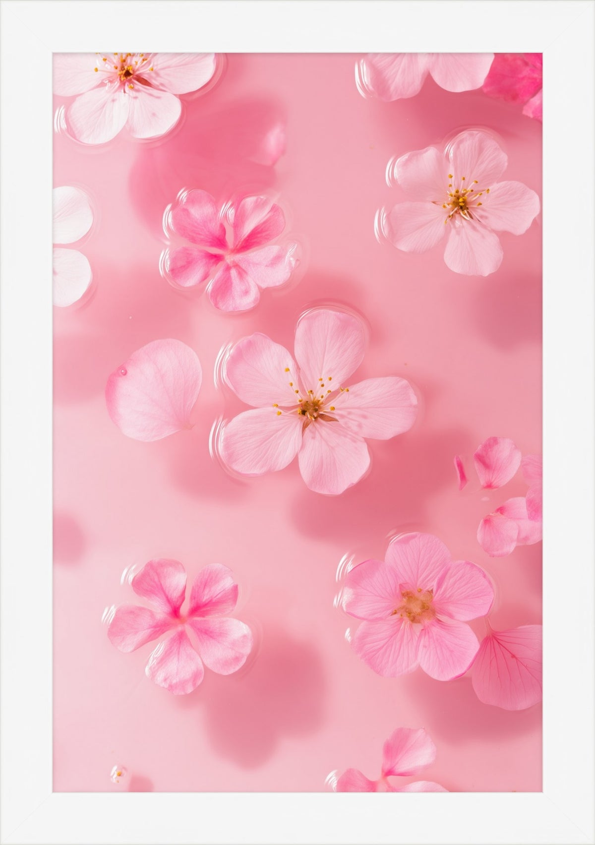 Petal Gelée I: pink cherry blossoms floating on milky rose water, white framed print