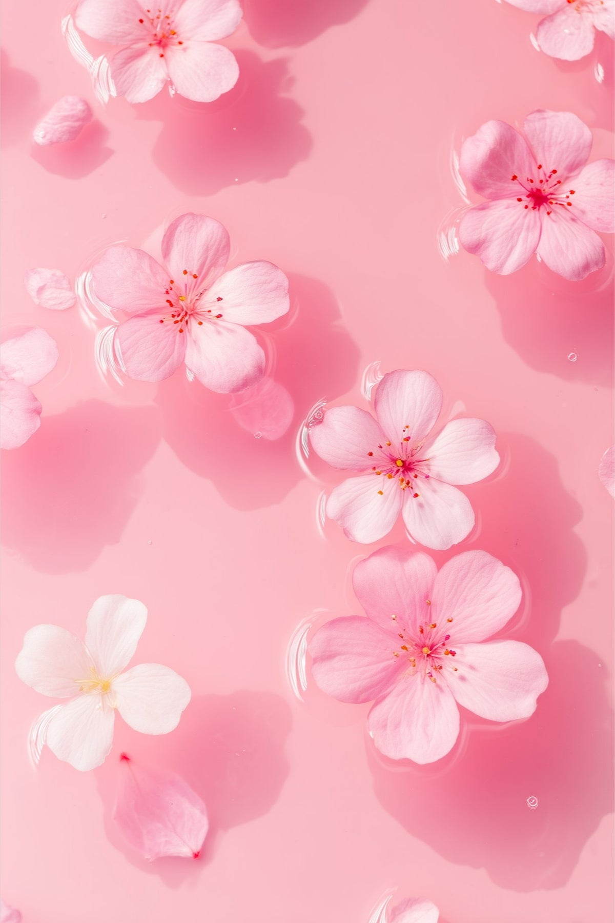 Petal Gelée II: delicate pink petals and blossoms on soft rose-colored water