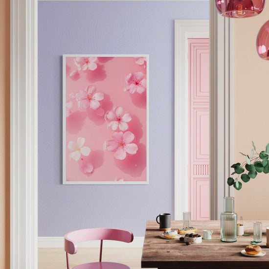Petal Gelée II pink cherry blossom art framed on a lavender wall in a pastel dining room