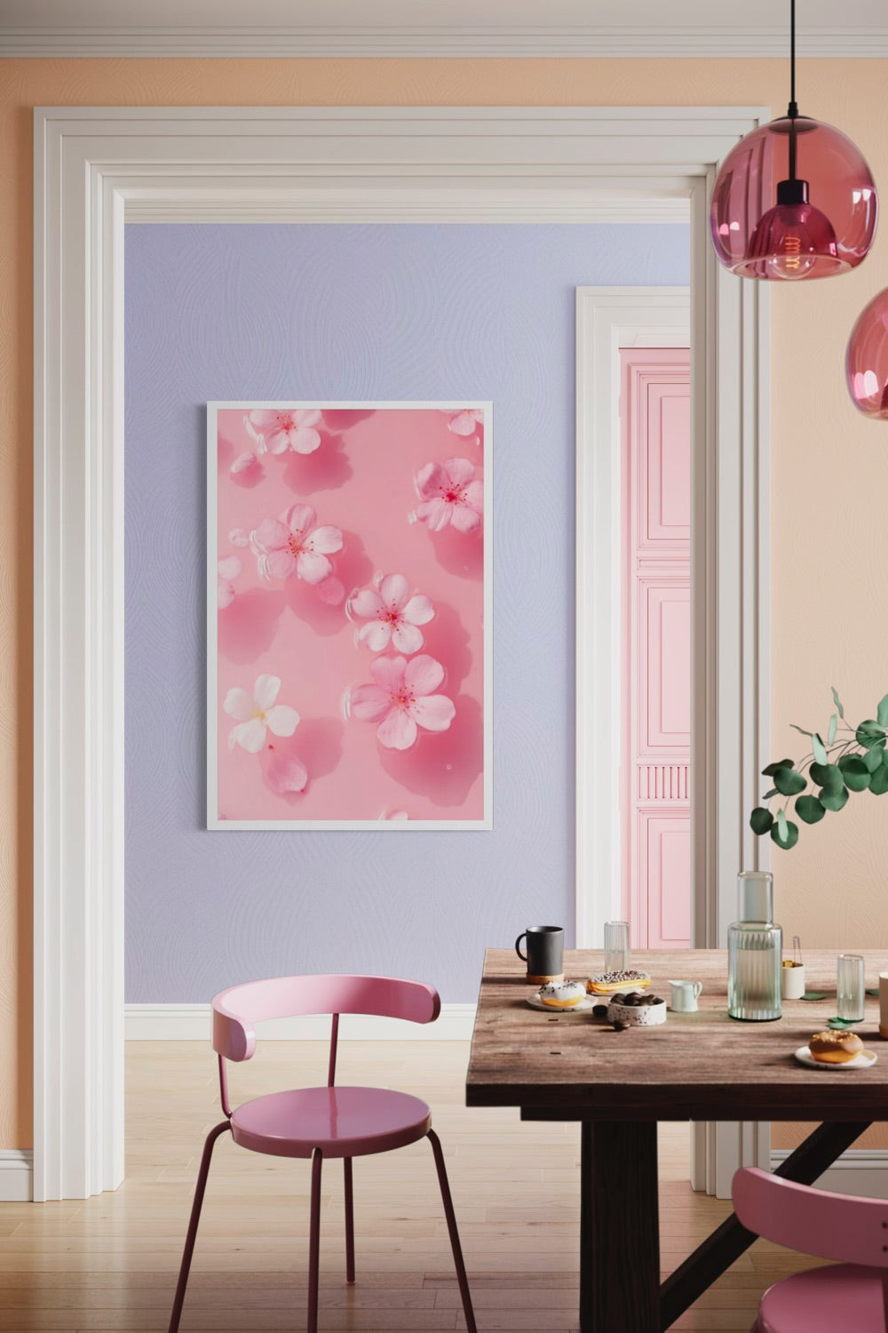 Petal Gelée II pink cherry blossom art framed on a lavender wall in a pastel dining room