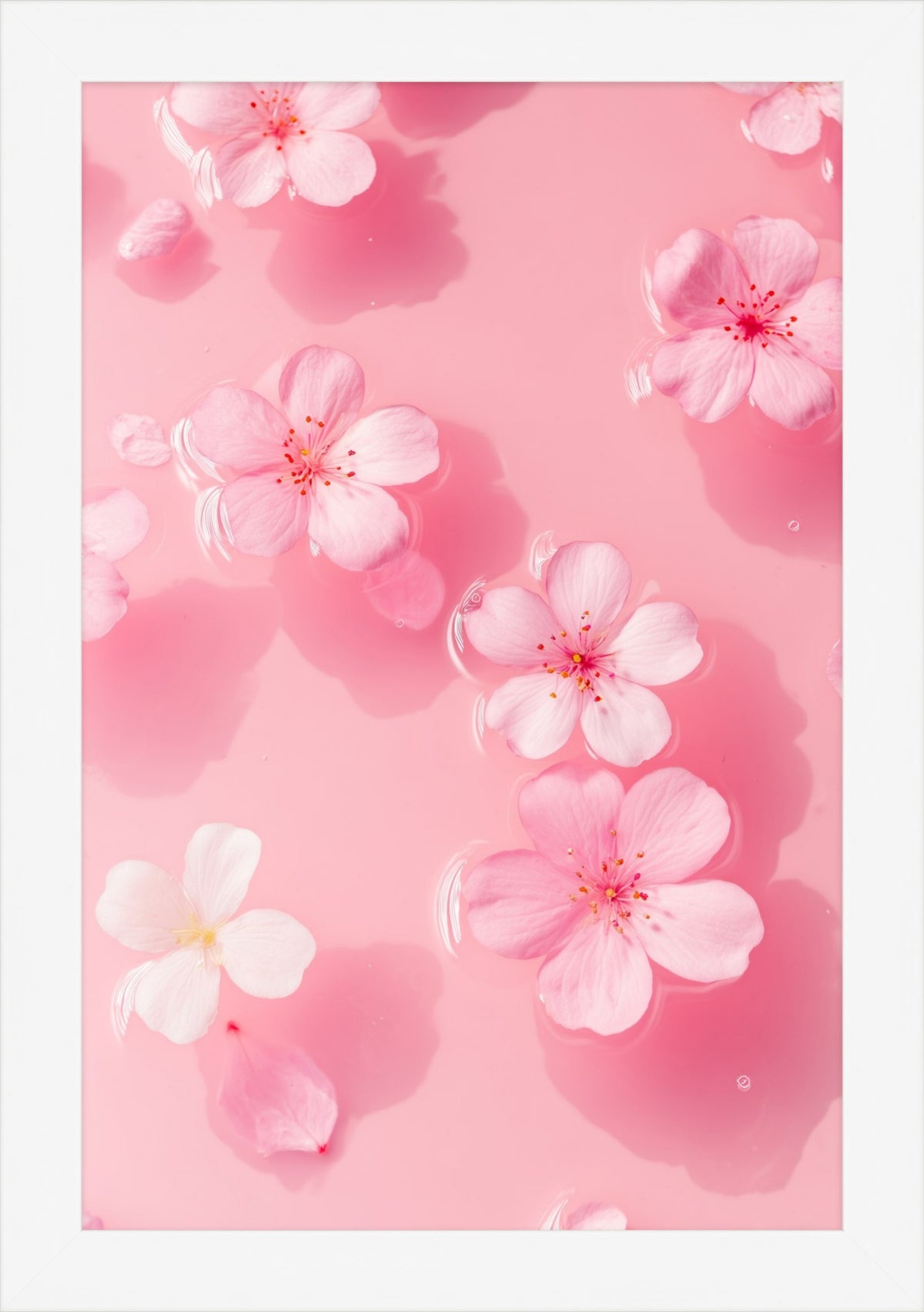 Petal Gelée II: pink and white blossoms on milky rose water, white framed print