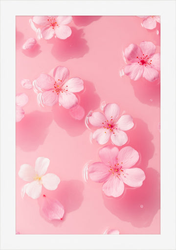 Petal Gelée II: pink and white blossoms on milky rose water, white framed print