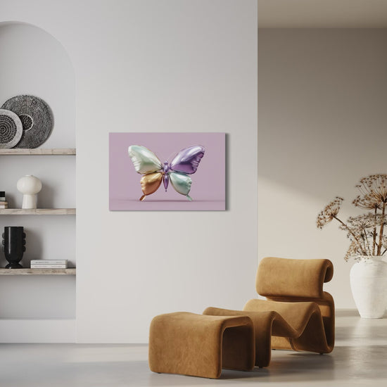 Balloon Butterfly metallic wall art shown on a wall above a curved tan chair in a minimal room
