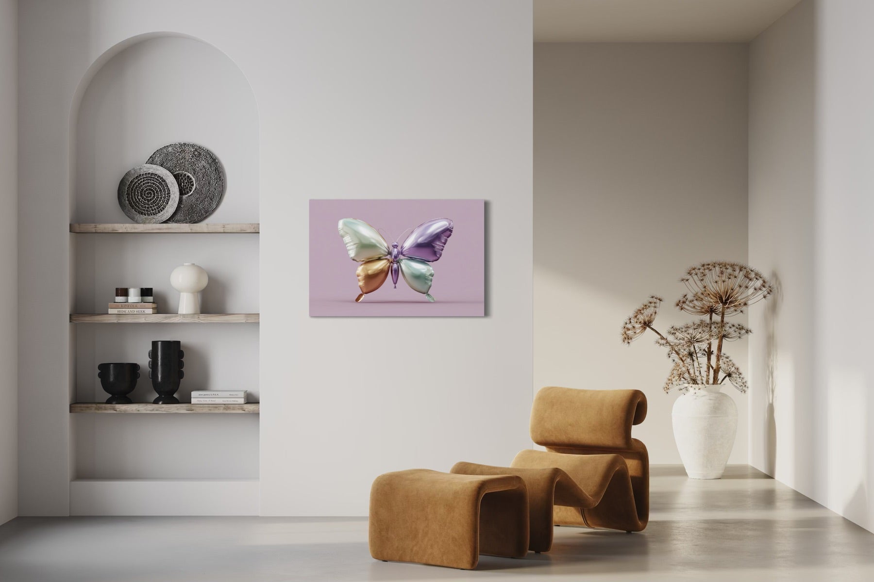 Balloon Butterfly metallic wall art shown on a wall above a curved tan chair in a minimal room