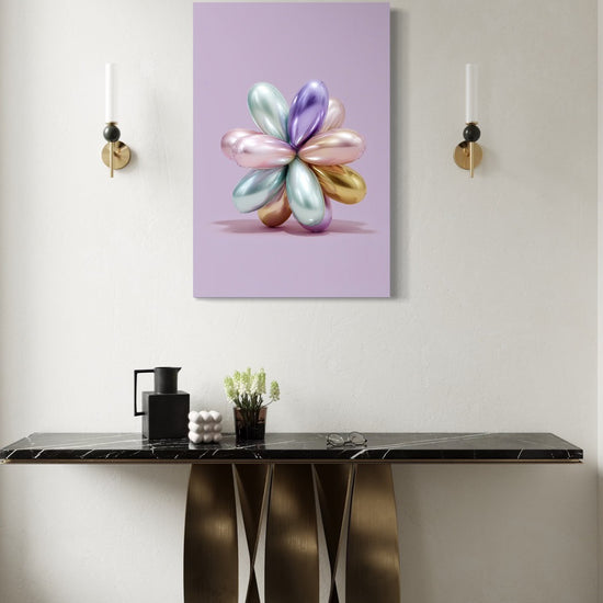 Balloon Flower metallic wall art shown on a lavender wall above a brass and marble console in an entryway