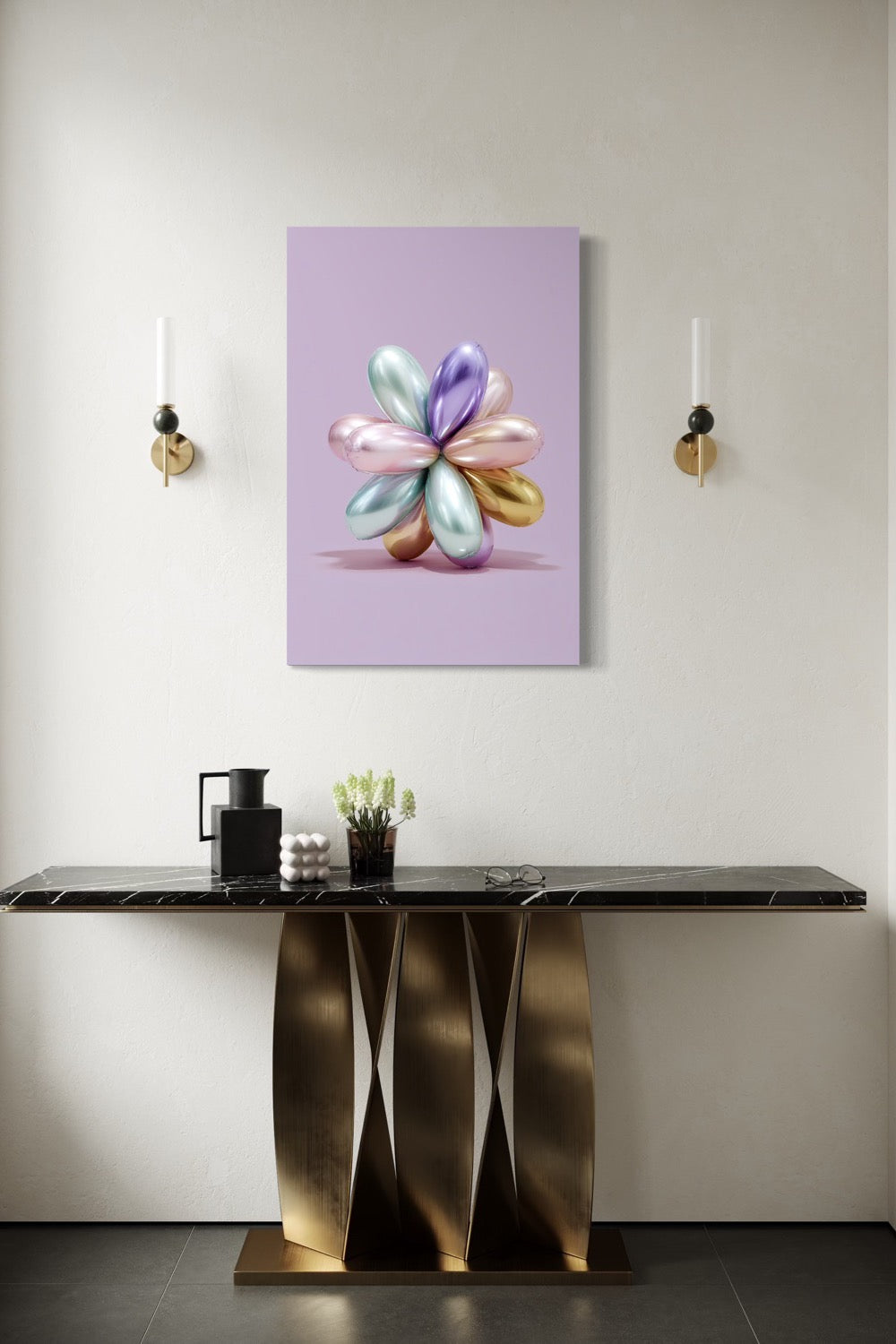 Balloon Flower metallic wall art shown on a lavender wall above a brass and marble console in an entryway