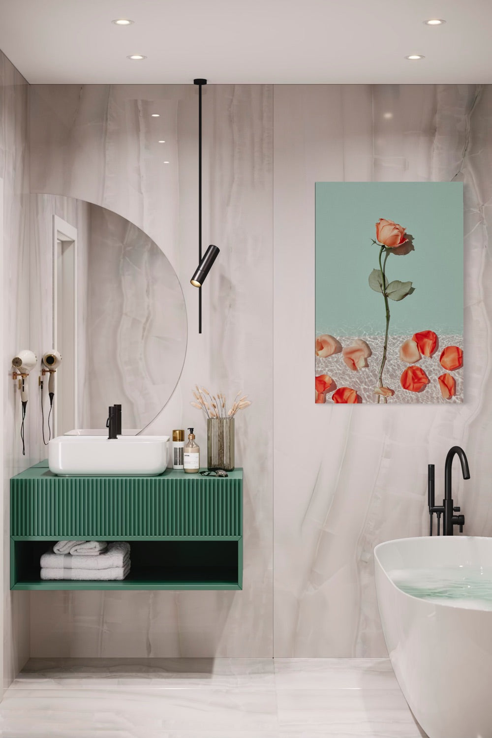 Dipped Rose I coral rose art shown framed on a wall in a marble bathroom with a green vanity