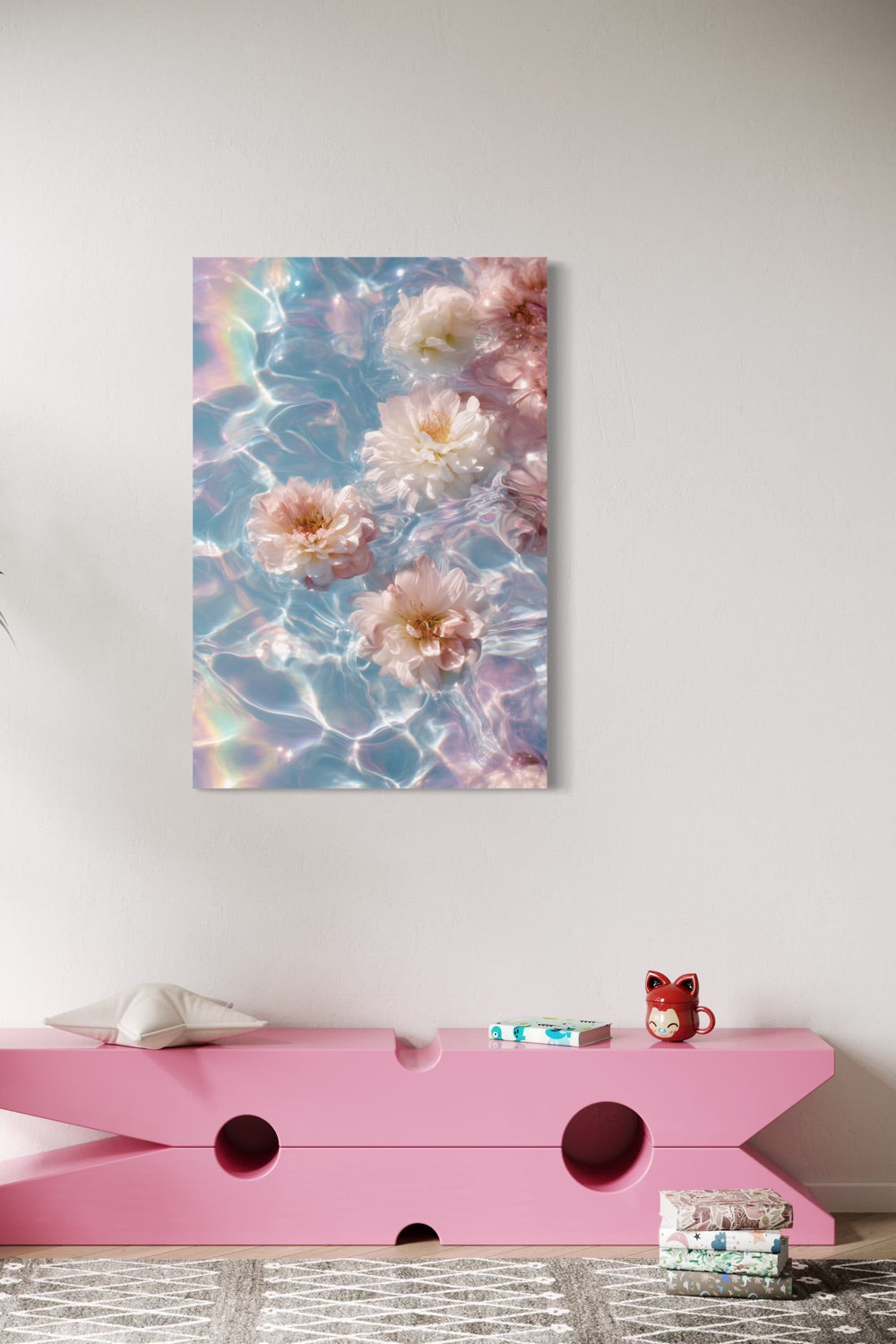 Floral Dream underwater pastel art shown on a wall above a pink bench in a playful modern room
