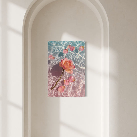 Rose in Water I shown on a wall inside a sunlit arched alcove