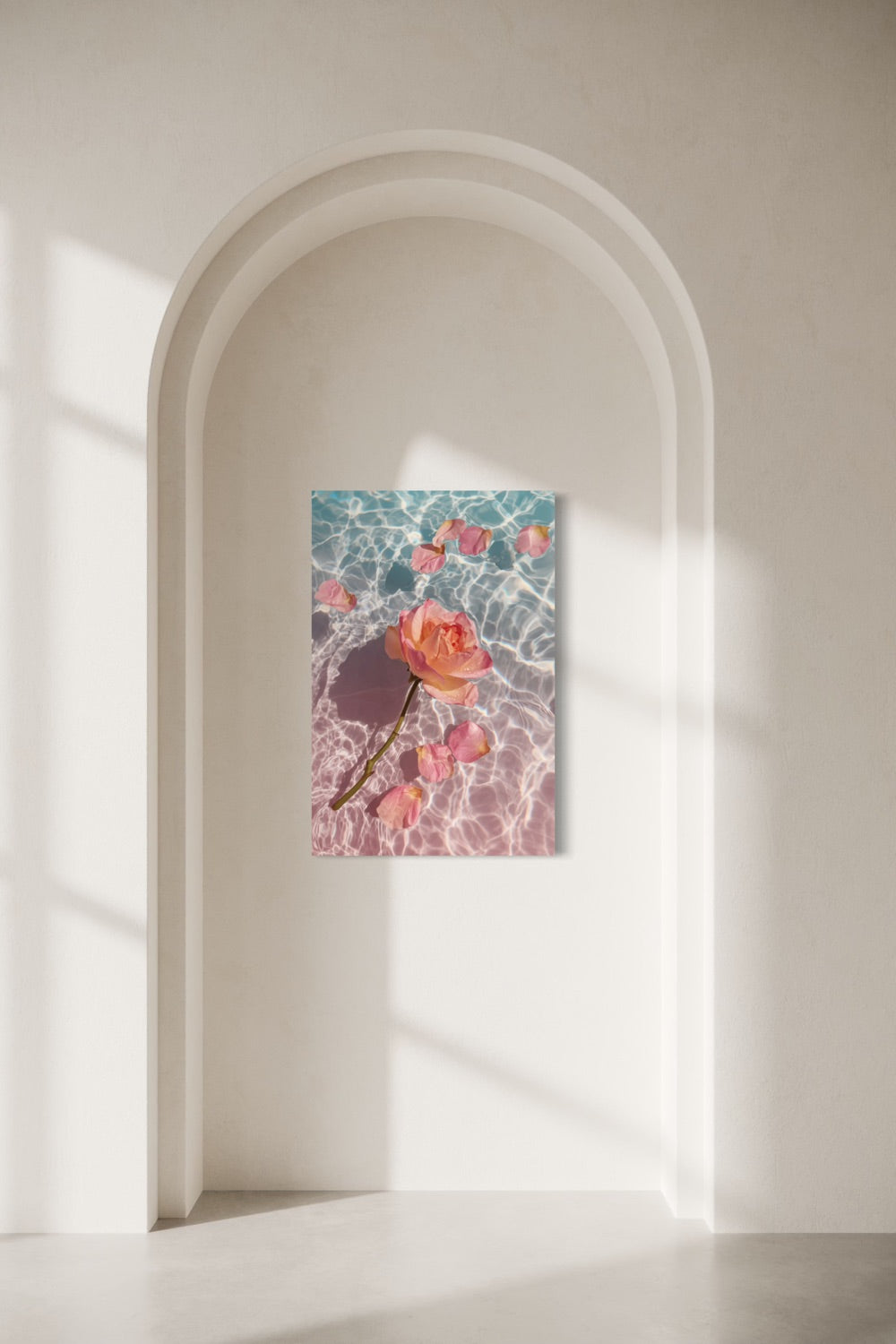 Rose in Water I shown on a wall inside a sunlit arched alcove