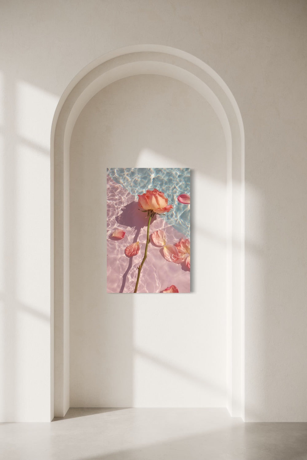 Rose in Water II shown on a wall inside a sunlit arched alcove