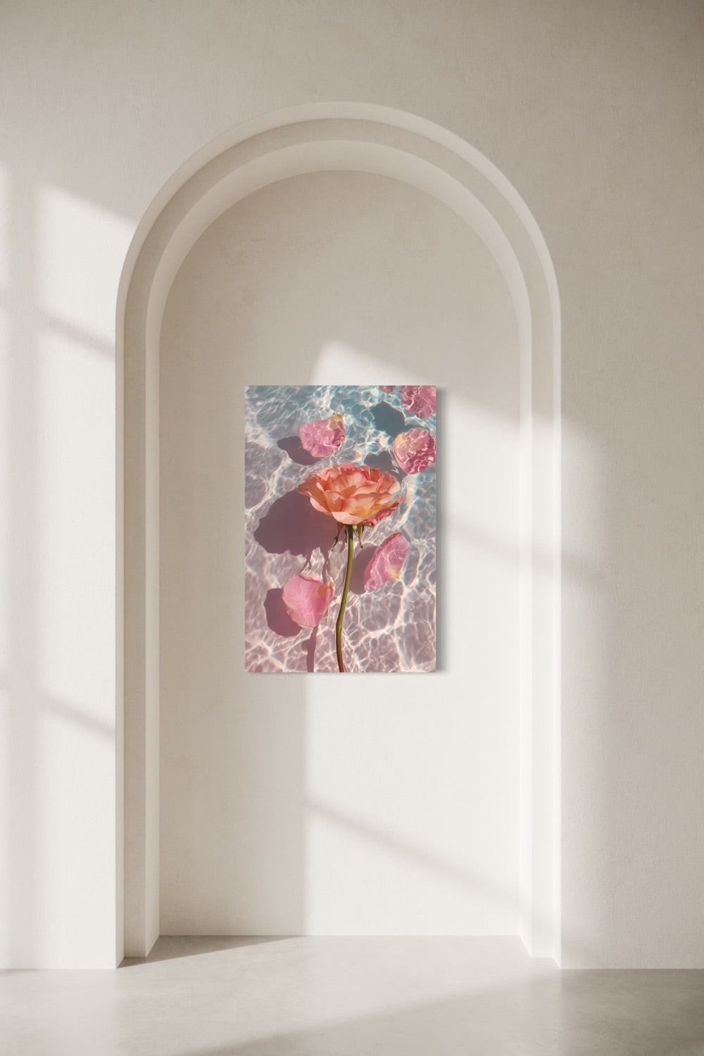 Rose in Water III shown on a wall inside a sunlit arched alcove