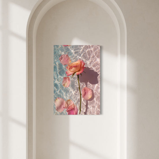 Rose in Water IV shown on a wall inside a sunlit arched alcove