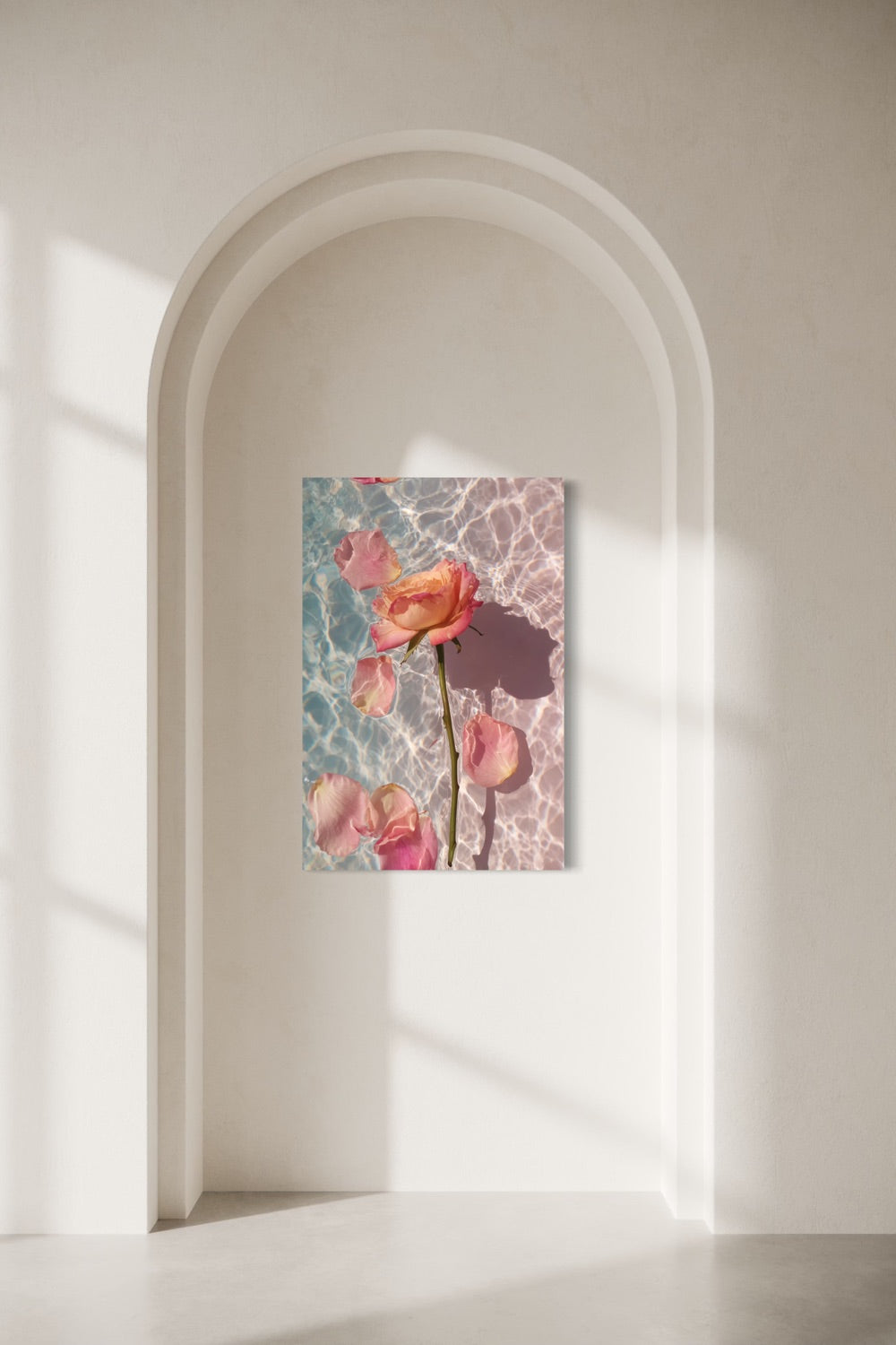 Rose in Water IV shown on a wall inside a sunlit arched alcove