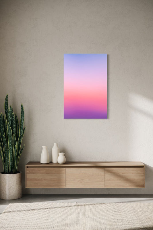 Twilight Wash aura gradient canvas shown on a wall above a light oak floating console with ceramic vases