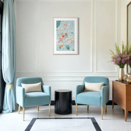 Water Bouquet II framed and shown on a wall between two teal armchairs in a bright sitting room