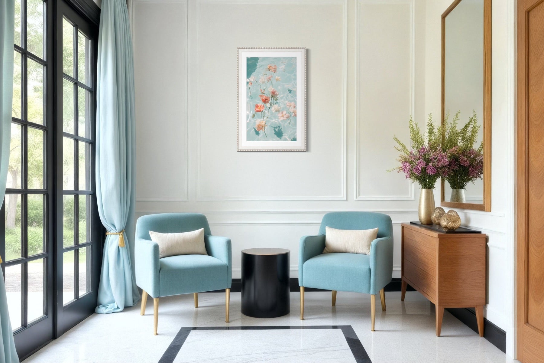 Water Bouquet II framed and shown on a wall between two teal armchairs in a bright sitting room