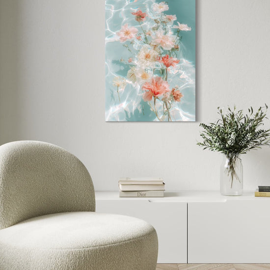 Water Bouquet I shown as a canvas on a wall above a white console with a bouclé chair and olive branches