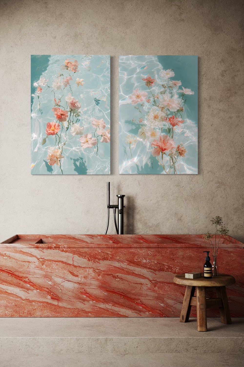 Water Bouquet I and II shown together as a pair on a concrete wall above a coral marble tub