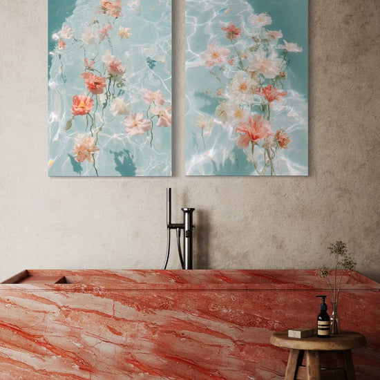 Water Bouquet I and II shown together as a pair on a concrete wall above a coral marble tub