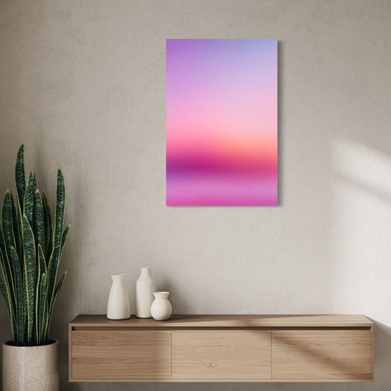 Rose Horizon aura gradient canvas shown on a wall above a light oak floating console with ceramic vases