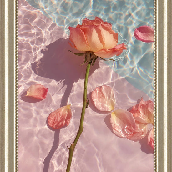 Rose in Water II: peach rose on a long stem with petals below, floating on pink water, framed print