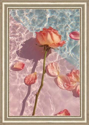 Rose in Water II: peach rose on a long stem with petals below, floating on pink water, framed print