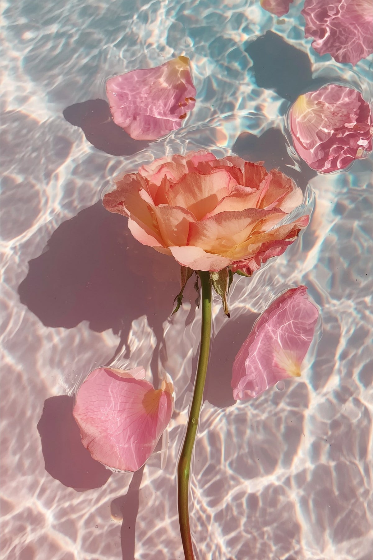 Rose in Water III detail: coral rose and floating petals in soft ripples of light