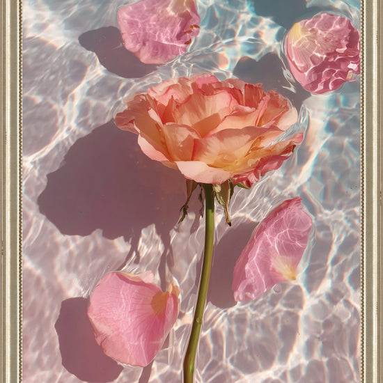 Rose in Water III: rose stem and petals drifting on pale pink water, unframed art print