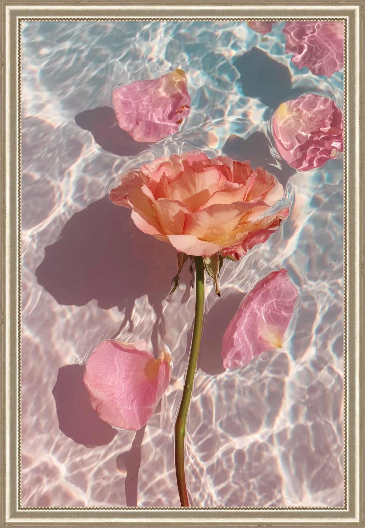 Rose in Water III: rose stem and petals drifting on pale pink water, unframed art print