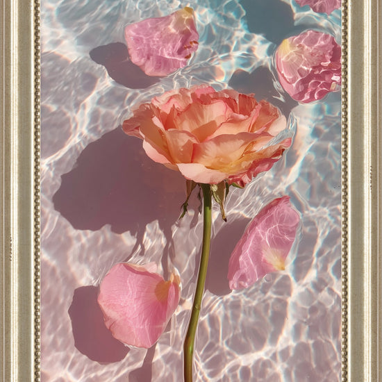 Rose in Water III: blush rose surrounded by pink petals on rippled pastel water, framed print