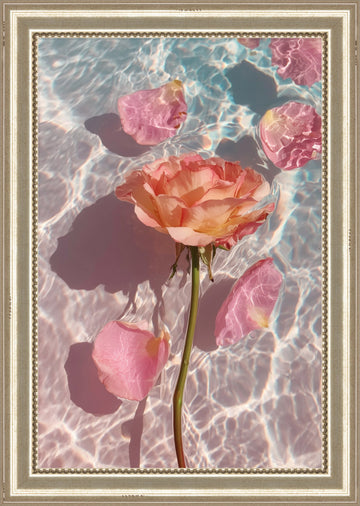 Rose in Water III: blush rose surrounded by pink petals on rippled pastel water, framed print