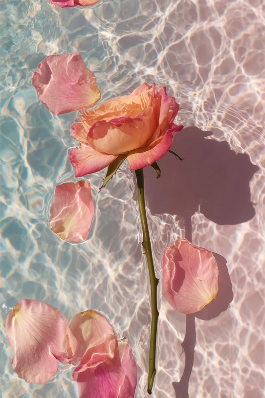 Rose in Water IV detail: rose bloom and petals on sunlit blue-green water