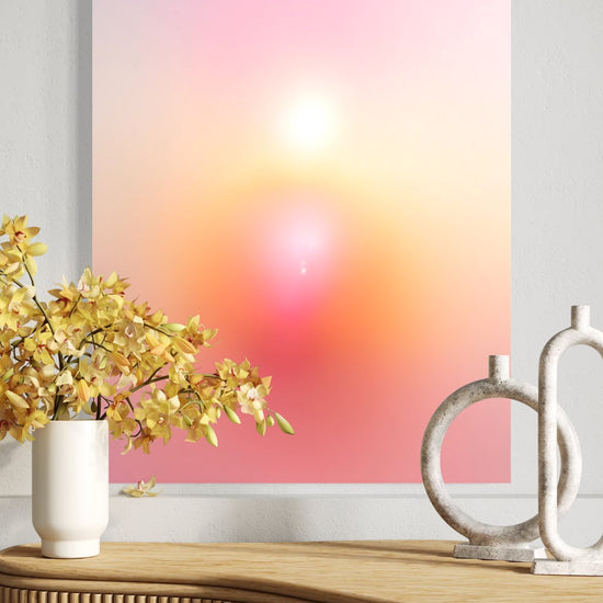 Sacred Flame aura gradient canvas shown to scale above a fluted wood console with yellow orchids