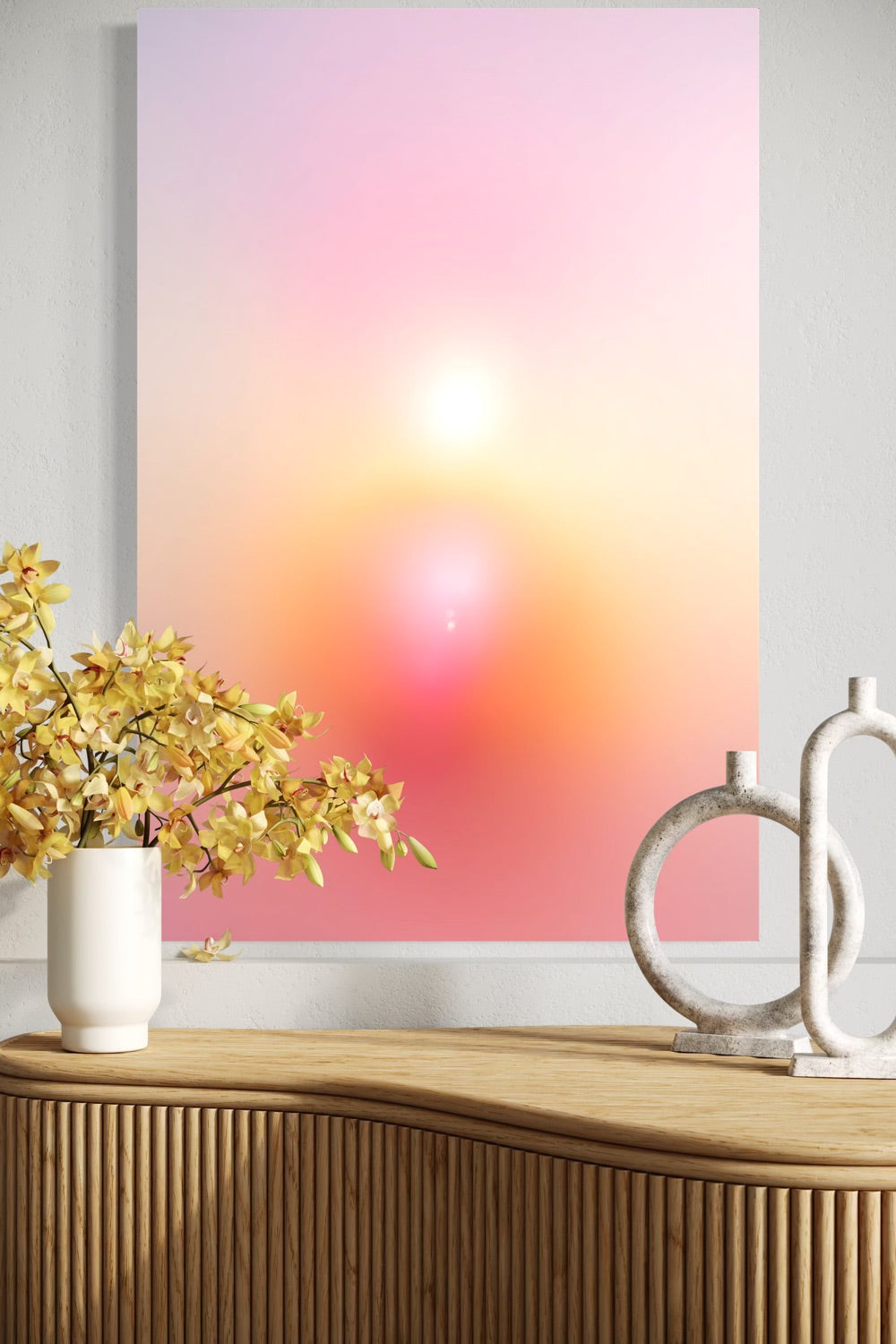 Sacred Flame aura gradient canvas shown to scale above a fluted wood console with yellow orchids
