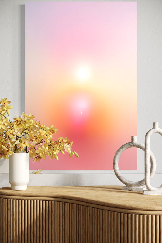 Sacred Flame aura gradient canvas shown to scale above a fluted wood console with yellow orchids
