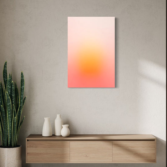 Solar Bloom aura gradient canvas shown on a wall above a light oak floating console with ceramic vases