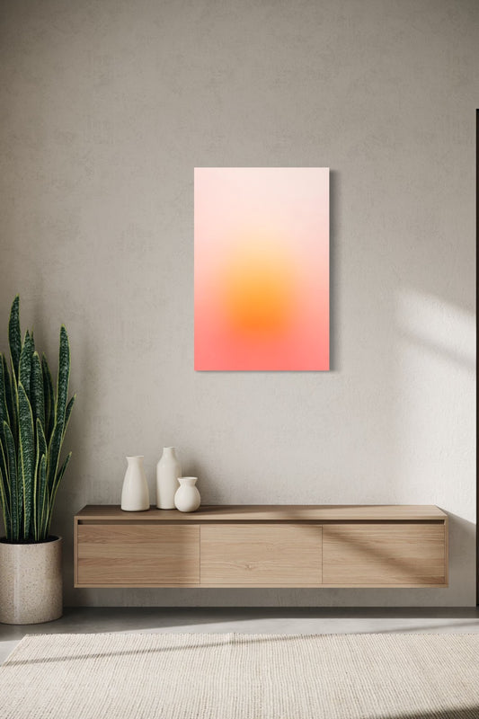 Solar Bloom aura gradient canvas shown on a wall above a light oak floating console with ceramic vases