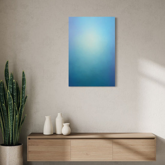 Tidal Song aura gradient canvas shown on a wall above a light oak floating console with ceramic vases